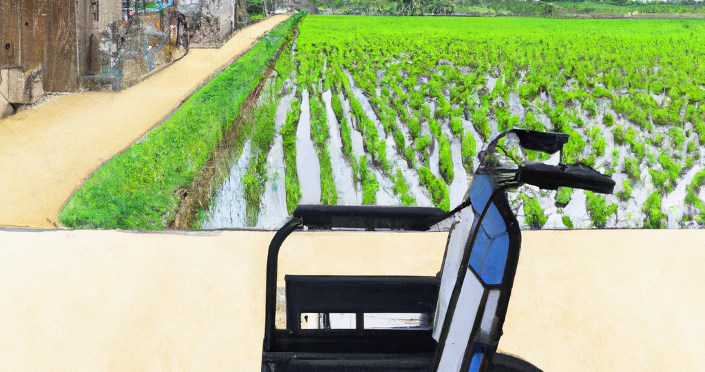 Draw me an electric wheelchair standing on a quiet street, and the background is a rice paddy