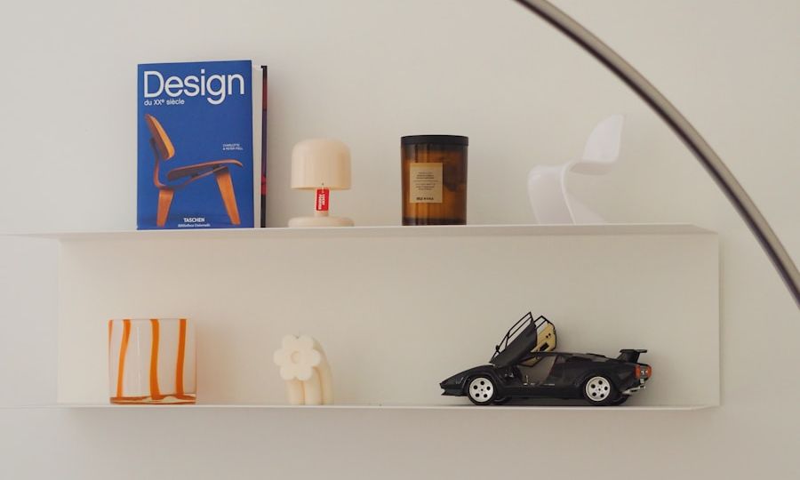 A white shelf with a car on top of it